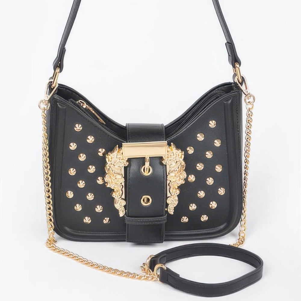 Faux Leather Studded Metal Buckle Shoulder Bag - Picture 1 of 7